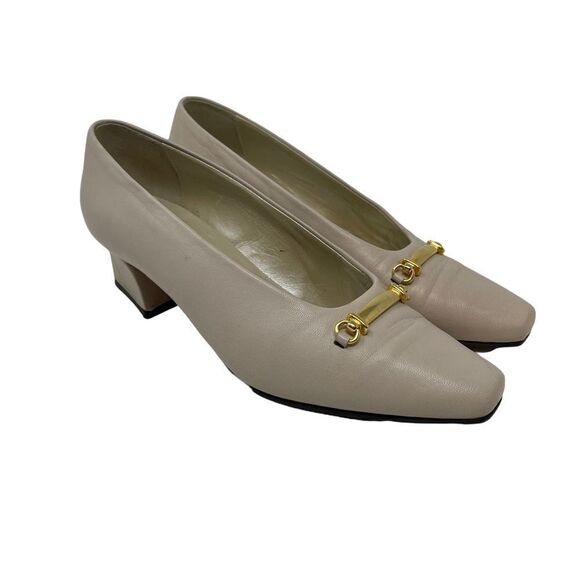 Arnold Churgin Beige Leather Pumps Gold Bar Block Heel Women's 5-1/2B Off-White - Picture 1 of 9
